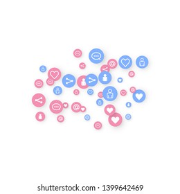 Social media marketing, Communication networking concept. Random icons social media services tags linked on white background. Comment, friend, like, share, target, message. Vector Internet concept.