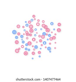 Social media marketing, Communication networking concept. Random icons social media services tags linked on white background. Comment, friend, like, share, target, message. Vector Internet concept.
