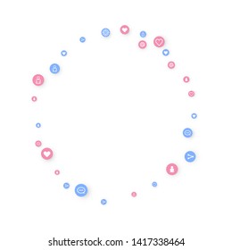 Social media marketing, Communication networking concept. Random icons social media services tags linked on white background. Comment, friend, like, share, target, message. Vector Internet concept.