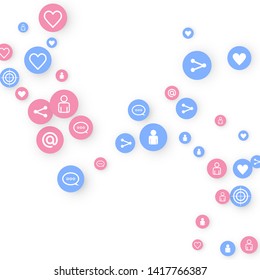 Social media marketing, Communication networking concept. Random icons social media services tags linked on white background. Comment, friend, like, share, target, message. Vector Internet concept.