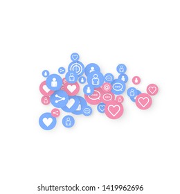 Social media marketing, Communication networking concept. Random icons social media services tags linked on white background. Comment, friend, like, share, target, message. Vector Internet concept.