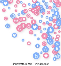 Social media marketing, Communication networking concept. Random icons social media services tags linked on white background. Comment, friend, like, share, target, message. Vector Internet concept.