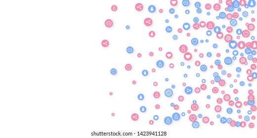 Social media marketing, Communication networking concept. Random icons social media services tags linked on white background. Comment, friend, like, share, target, message. Vector Internet concept.