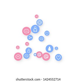 Social media marketing, Communication networking concept. Random icons social media services tags linked on white background. Comment, friend, like, share, target, message. Vector Internet concept.