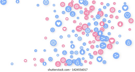 Social media marketing, Communication networking concept. Random icons social media services tags linked on white background. Comment, friend, like, share, target, message. Vector Internet concept.