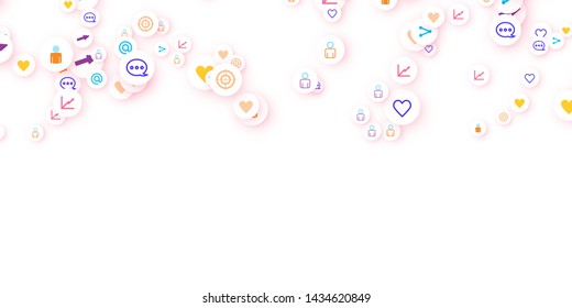 Social media marketing, Communication networking concept. Random icons social media services tags linked on white background. Comment, friend, like, share, target, message. Vector Internet concept.