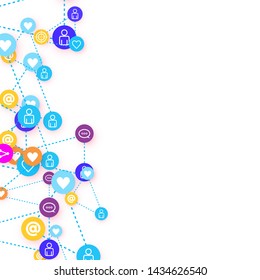 Social media marketing, Communication networking concept. Random icons social media services tags linked on white background. Comment, friend, like, share, target, message. Vector Internet concept.