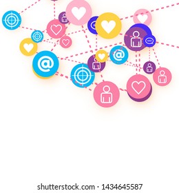 Social media marketing, Communication networking concept. Random icons social media services tags linked on white background. Comment, friend, like, share, target, message. Vector Internet concept.