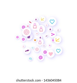 Social media marketing, Communication networking concept. Random icons social media services tags linked on white background. Comment, friend, like, share, target, message. Vector Internet concept.