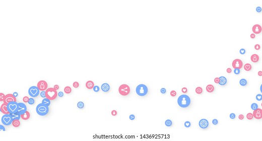 Social media marketing, Communication networking concept. Random icons social media services tags linked on white background. Comment, friend, like, share, target, message. Vector Internet concept.