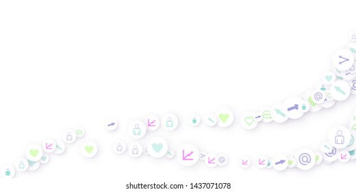 Social media marketing, Communication networking concept. Random icons social media services tags linked on white background. Comment, friend, like, share, target, message. Vector Internet concept.