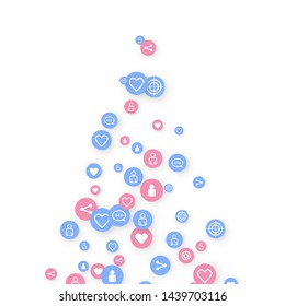 Social media marketing, Communication networking concept. Random icons social media services tags linked on white background. Comment, friend, like, share, target, message. Vector Internet concept.