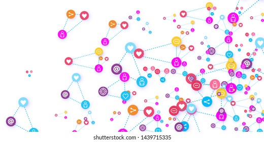 Social media marketing, Communication networking concept. Random icons social media services tags linked on white background. Comment, friend, like, share, target, message. Vector Internet concept.