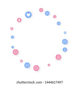 Social media marketing, Communication networking concept. Random icons social media services tags linked on white background. Comment, friend, like, share, target, message. Vector Internet concept.