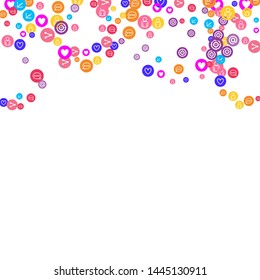 Social media marketing, Communication networking concept. Random icons social media services tags linked on white background. Comment, friend, like, share, target, message. Vector Internet concept.