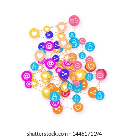 Social media marketing, Communication networking concept. Random icons social media services tags linked on white background. Comment, friend, share, target, message. Vector Internet concept.