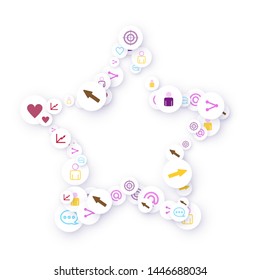 Social media marketing, Communication networking concept. Random icons social media services tags linked on white background. Comment, friend, like, share, target, message. Vector Internet concept.