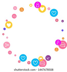 Social media marketing, Communication networking concept. Random icons social media services tags linked on white background. Comment, friend, like, share, target, message. Vector Internet concept.