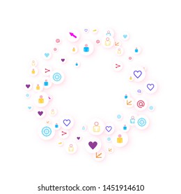 Social media marketing, Communication networking concept. Random icons social media services tags linked on white background. Comment, friend, like, share, target, message. Vector Internet concept.