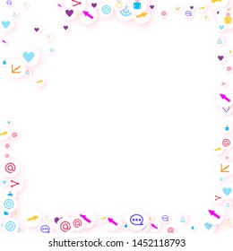 Social media marketing, Communication networking concept. Random icons social media services tags linked on white background. Comment, friend, like, share, target, message. Vector Internet concept.
