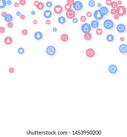 Social media marketing, Communication networking concept. Random icons social media services tags linked on white background. Comment, friend, like, share, target, message. Vector Internet concept.
