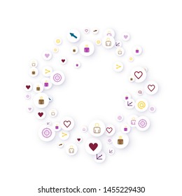 Social media marketing, Communication networking concept. Random icons social media services tags linked on white background. Comment, friend, like, share, target, message. Vector Internet concept.