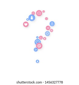 Social media marketing, Communication networking concept. Random icons social media services tags linked on white background. Comment, friend, like, share, target, message. Vector Internet concept.