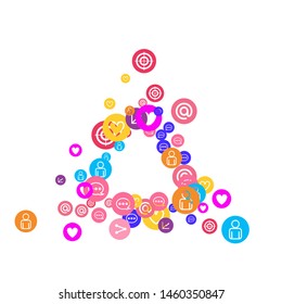 Social media marketing, Communication networking concept. Random icons social media services tags linked on white background. Comment, friend, like, share, target, message. Vector Internet concept.