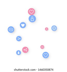 Social media marketing, Communication networking concept. Random icons social media services tags linked on white background. Comment, friend, like, share, target, message. Vector Internet concept.