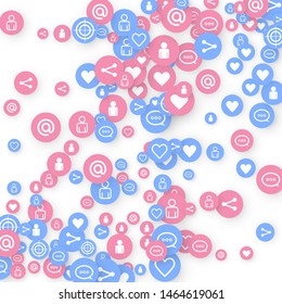 Social media marketing, Communication networking concept. Random icons social media services tags linked on white background. Comment, friend, like, share, target, message. Vector Internet concept.