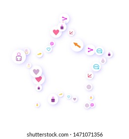 Social media marketing, Communication networking concept. Random icons social media services tags linked on white background. Comment, friend, like, share, target, message. Vector Internet concept.
