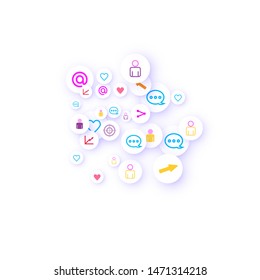 Social media marketing, Communication networking concept. Random icons social media services tags linked on white background. Comment, friend, like, share, target, message. Vector Internet concept.