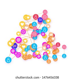 Social media marketing, Communication networking concept. Random icons social media services tags linked on white background. Comment, friend, like, share, target, message. Vector Internet concept.