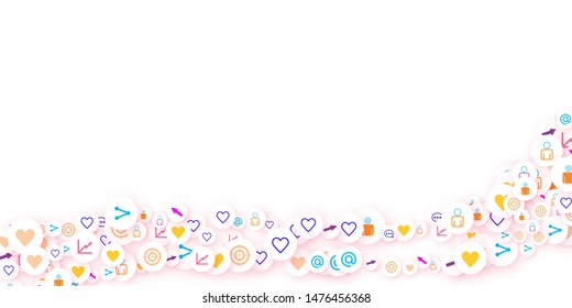 Social media marketing, Communication networking concept. Random icons social media services tags linked on white background. Comment, friend, like, share, target, message. Vector Internet concept.