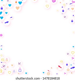 Social media marketing, Communication networking concept. Random icons social media services tags linked on white background. Comment, friend, like, share, target, message. Vector Internet concept.