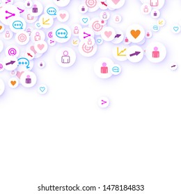 Social media marketing, Communication networking concept. Random icons social media services tags linked on white background. Comment, friend, like, share, target, message. Vector Internet concept.