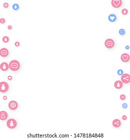Social media marketing, Communication networking concept. Random icons social media services tags linked on white background. Comment, friend, like, share, target, message. Vector Internet concept.