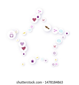 Social media marketing, Communication networking concept. Random icons social media services tags linked on white background. Comment, friend, like, share, target, message. Vector Internet concept.