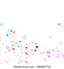 Social media marketing, Communication networking concept. Random icons social media services tags linked on white background. Comment, friend, like, share, target, message. Vector Internet concept.