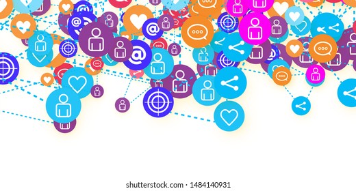 Social media marketing, Communication networking concept. Random icons social media services tags linked on white background. Comment, friend, like, share, target, message. Vector Internet concept.