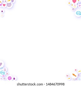 Social media marketing, Communication networking concept. Random icons social media services tags linked on white background. Comment, friend, like, share, target, message. Vector Internet concept.