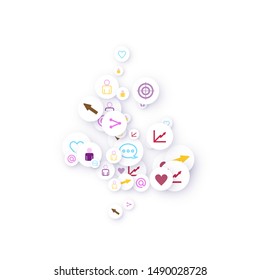 Social media marketing, Communication networking concept. Random icons services tags linked on white background. Comment, friend, like, share, target, message. Vector Internet.