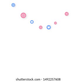 Social media marketing, Communication networking concept. Random icons social media services tags linked on white background. Comment, friend, like, share, target, message. Vector Internet concept.
