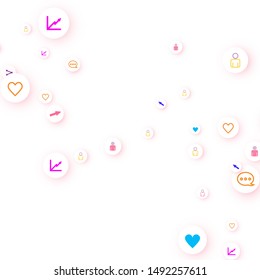 Social media marketing, Communication networking concept. Random icons social media services tags linked on white background. Comment, friend, like, share, target, message. Vector Internet concept.