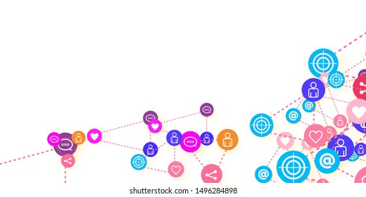 Social media marketing, Communication networking concept. Random icons social media services tags linked on white background. Comment, friend, like, share, target, message. Vector Internet concept.