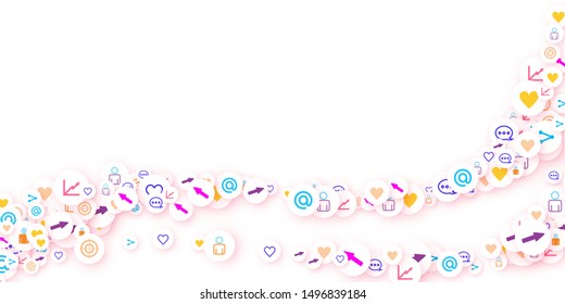 Social media marketing, Communication networking concept. Random icons social media services tags linked on white background. Comment, friend, like, share, target, message. Vector Internet concept.