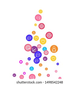 Social media marketing, Communication networking concept. Random icons social media services tags linked on white background. Comment, friend, like, share, target, message. Vector Internet concept.