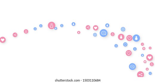 Social media marketing, Communication networking concept. Random icons social media services tags linked on white background. Comment, friend, like, share, target, message. Vector Internet concept.