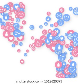 Social media marketing, Communication networking concept. Random icons social media services tags linked on white background. Comment, friend, like, share, target, message. Vector Internet concept.
