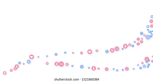 Social media marketing, Communication networking concept. Random icons social media services tags linked on white background. Comment, friend, like, share, target, message. Vector Internet concept.